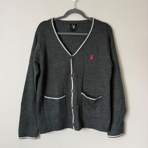 Playboy Mens Gray Cardigan Sweater Pink Bunny Logo V-Neck Large Vintage Y2K